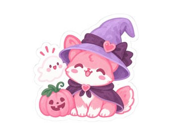 Witchy Corgi Halloween Sticker, Pink Dog and Cute Ghost Vinyl Decal, 3 Inch