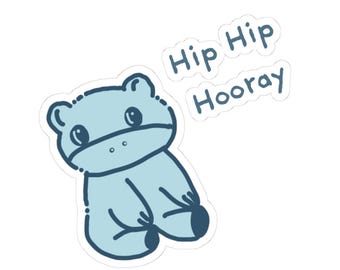 Blue Kawaii Hippo Sticker, Hip Hip Hooray Celebration Decal
