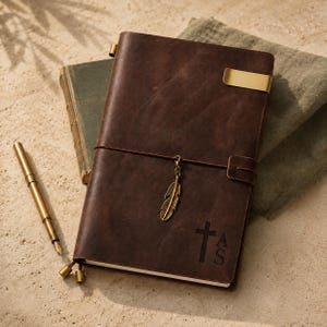 Peut inclure: Un journal en cuir marron foncé doté d'un clip en métal doré sur le bord supérieur droit, d'un cordon en cuir fin et d'une breloque en forme de plume en laiton. La couverture est gravée d'une croix et des lettres A et S, avec un stylo doré.