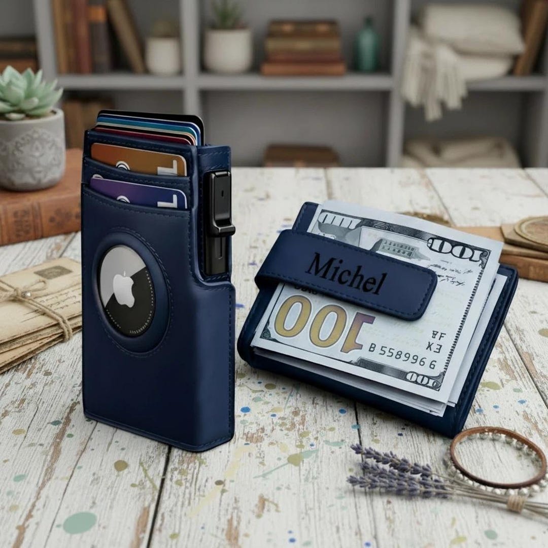 Custom AirTag Blue Wallet, Leather RFID Blocking Pop up Wallet, Slim ...