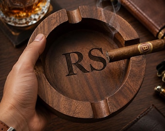 Personalized Wood Cigar Ashtray, Custom Engraved Wooden Ashtray, Luxury Cigar Lover Gift for Dad Husband Groomsmen, Cigar Room Decor