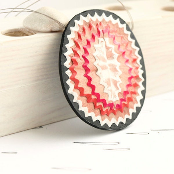 pencil shreds. oval pendant. native patterns. geometric jewelry. boho chic. red white black