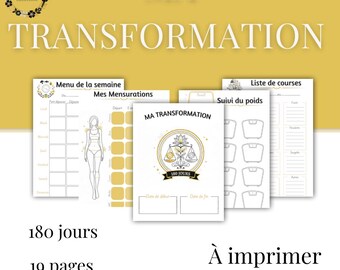 Può includere: Una raccolta di tracker stampabili per la perdita di peso e il fitness. Il design presenta una combinazione di colori oro e bianco con le parole "MA TRANSFORMATION" in alto. Include un menu settimanale, misurazioni, monitoraggio del peso e lista della spesa. Il testo dice "180 giorni", "19 pagine" e "Stampabile".