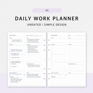 Może przedstawiać: Planer pracy dziennej w formacie A5 o prostym, niedatowanym designie. Planer zawiera sekcje dotyczące celu, harmonogramu, listy zadań i notatek. Widoczny jest tekst "DAILY WORK PLANNER" i "DIGITAL DOWNLOAD".