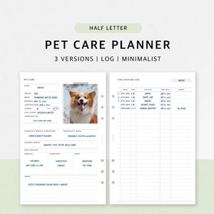 Könnte beinhalten: Ein digitaler Haustierpflegeplaner mit minimalistischem Design. Der Planer enthält Abschnitte für Tierdetails, medizinische Bedingungen, tägliche Routinen und ein Impfprotokoll. Der Text "PET CARE PLANNER" steht oben, darüber "HALF LETTER".
