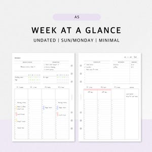 Puede incluir: Un inserto de planificador semanal A5 de dos páginas con un diseño Week at a Glance. Las páginas blancas incluyen secciones para el enfoque semanal, prioridades, una lista de verificación, gastos y un horario diario con franjas horarias de 6 a 18, marcadas con perforaciones.