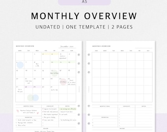 Monthly Overview Printable Planner | A5 Inserts Template | Blank Calendar Sheet | Month at a Glance Checklist | PDF Instant Download