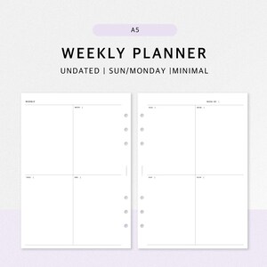 May include: An A5 weekly planner digital download with undated pages. The layout features two pages with sections for Monday through Sunday, labeled with text including WEEKLY PLANNER, UNDATED, SUN/MONDAY, and DIGITAL DOWNLOAD.
