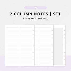 May include: A5 size white 2-column notes set with three versions. The pages are lined and have holes for binding. The image text reads "2 COLUMN NOTES | SET", "3 VERSIONS | MINIMAL", and "DIGITAL DOWNLOAD".