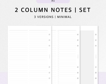 May include: White A5 size 2-column notes set with three versions. The pages are lined and have holes for binding. The text on the image reads "2 COLUMN NOTES | SET", "3 VERSIONS | MINIMAL", and "DIGITAL DOWNLOAD".