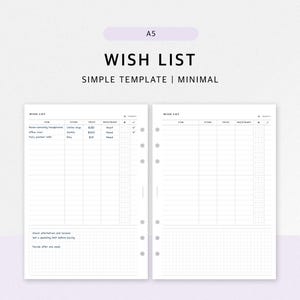 May include: A5 Wish List template with a minimalist design. The template includes sections for item, store, price, need/want, and a favorites checklist. The words "Wish List" and "Digital Download" are visible.