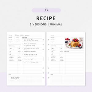 May include: A digital download recipe template with two versions, labeled "Recipe" and "2 Versions | Minimal." The template includes sections for ingredients, directions, and notes. The recipe is for Cherry & Blueberry Pancakes. The image also includes a photo of pancakes.