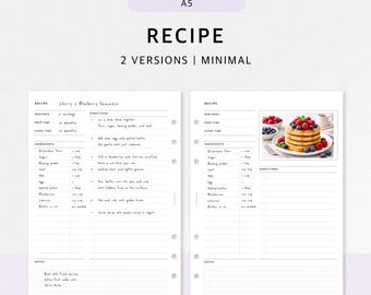Recipe Cards Sheet Printable | A5 Planner Inserts | Minimalist Cookbook Template Notes, Simple Meal Menu Planning | PDF Digital Download