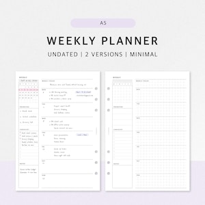 Op de afbeelding: A5 weekplanner met twee versies, ongedateerd en minimalistisch ontwerp. De planner bevat secties voor wekelijkse focus, prioriteiten, checklist en notities. De tekst "WEEKLY PLANNER" en "DIGITAL DOWNLOAD" zijn zichtbaar.