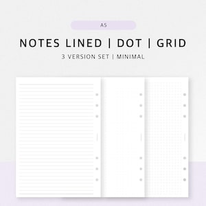 Wkładki do planera A5 do wydrukowania | Szablon pomysłu na naukę w formie papieru do pisania w kropki i linie | Prosty dziennik Bullet Journal, wersja cyfrowa do pobrania