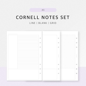 Cornell Notes imprimable A5 | Grille vierge ligné, modèle de note de synthèse pour planificateur d'étude | Téléchargement numérique PDF