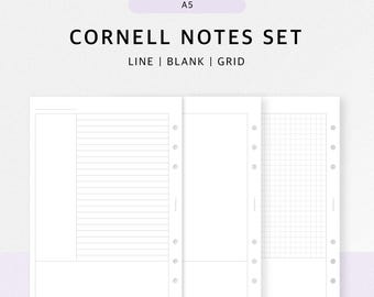Cornell Notes utskrivbart A5 | Linjerat tomt rutnät, mall för idéanteckningar för studieplanerare | PDF digital nedladdning