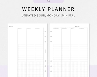 May include: A5-sized undated weekly planner with a minimalist design. The planner includes sections for each day of the week, with a grid for notes. The text "WEEKLY PLANNER" and "DIGITAL DOWNLOAD" are visible.