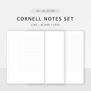 Pode incluir: Um conjunto de notas Cornell brancas com páginas pautadas, em branco e quadriculadas. O texto "A4 | US LETTER" e "CORNELL NOTES SET" estão no topo. O texto "LINE | BLANK | GRID" está abaixo do título. As palavras "DIGITAL DOWNLOAD" estão na parte inferior.