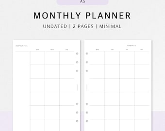 Undated Monthly Planner Printable A5 Inserts | Simple Minimal Planner for Productivity | Overview Template, Instant Download