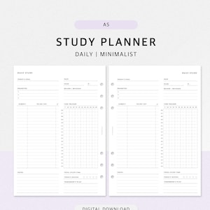 Puede incluir: Un planificador de estudio A5 minimalista con un diseño diario. El planificador incluye secciones para prioridades, listas de tareas, seguimiento del tiempo y notas. Se muestra el texto "STUDY PLANNER" y "DAILY | MINIMALIST". También se ve la frase "DIGITAL DOWNLOAD".