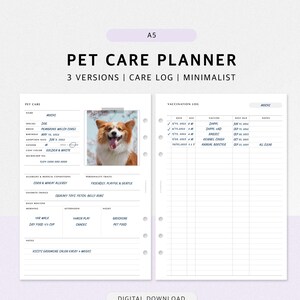 Peut inclure: Un planificateur de soins pour animaux minimaliste intitulé "Pet Care Planner" avec le texte "3 Versions | Care Log | Minimalist". Le planificateur comprend des sections pour les détails de l'animal, les allergies, les routines quotidiennes et un carnet de vaccination. Une photo d'un Corgi gallois Pembroke est incluse.