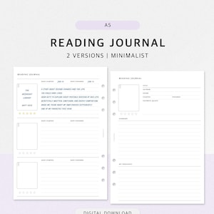 Op de afbeelding: Een minimalistisch leesdagboek met twee versies. Het dagboek bevat secties voor boektitel, auteur, genre en een samenvatting. Het ontwerp heeft ruimte voor notities en een favoriete quote. De tekst "READING JOURNAL" staat bovenaan.