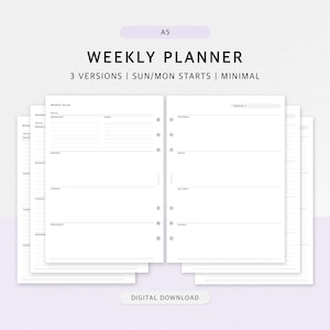 Puede incluir: Planificador semanal A5 con un diseño minimalista. La imagen muestra páginas abiertas con secciones para la planificación diaria, incluyendo enfoque, prioridades y tareas. El texto en la imagen dice "WEEKLY PLANNER" y "DIGITAL DOWNLOAD".