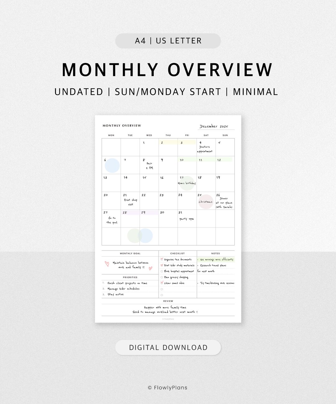 Undated Monthly Overview Printable Planner | A4 & US Letter | Simple ...