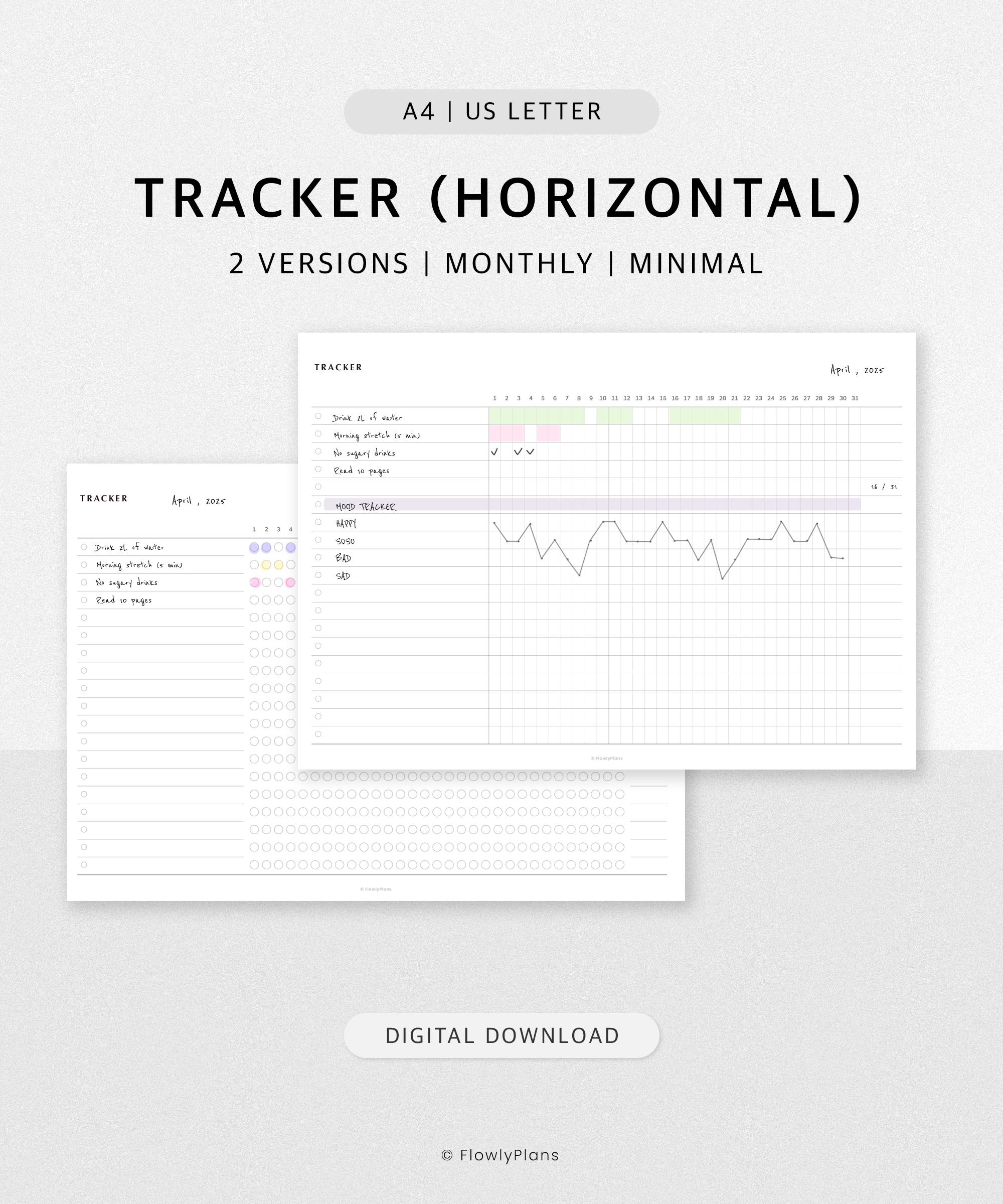Monthly Habit Tracker Printable | A4, US Letter Landscape Planner ...