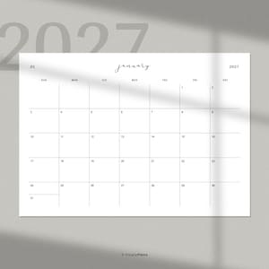 May include: A white monthly calendar page for January 2027 with black text and grid lines. The header displays 01, January in script font, and 2027. The days of the week are listed above a grid containing numbers 1 through 31. FlowlyPlans is at the bottom.