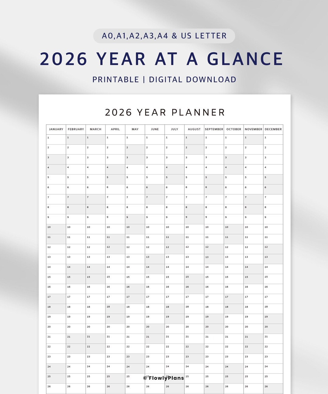 2026 Yearly Planner Printable | Year at a Glance Wall Calendar, Yearly