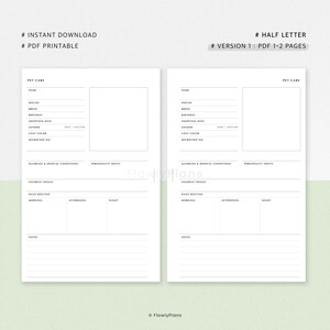 Half Letter Pet Care Planner Printable Insert Pet Profile Photo Space Daily Routine Minimalist PDF