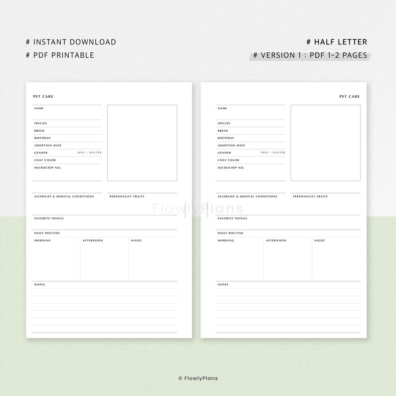 Half Letter Pet Care Planner Printable Insert Pet Profile Photo Space Daily Routine Minimalist PDF