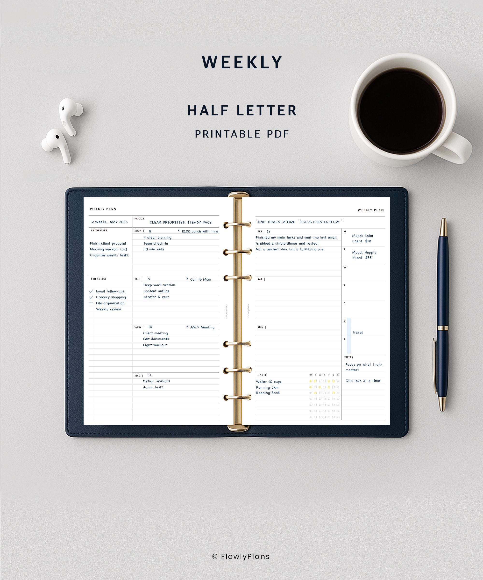 Weekly Planner Half Letter Inserts Printable | Undated WO2 Weekly ...