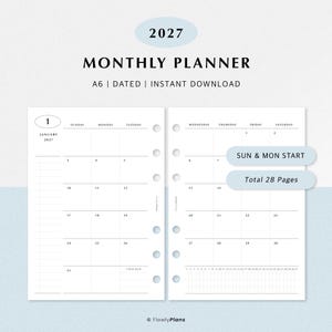 May include: A 2027 monthly planner in A6 size with a dated layout. The pages feature a grid for January 2027, including Sunday through Saturday headers, a tracker section, and a total of 28 pages. The design includes text for sun and mon start.