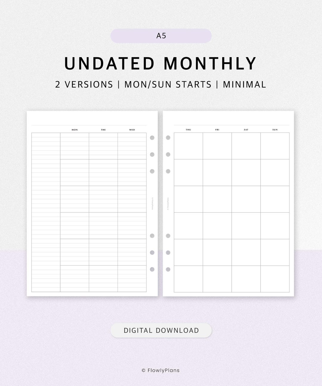 Undated Monthly Planner | A5 Printable Inserts | Blank Lined Calendar ...
