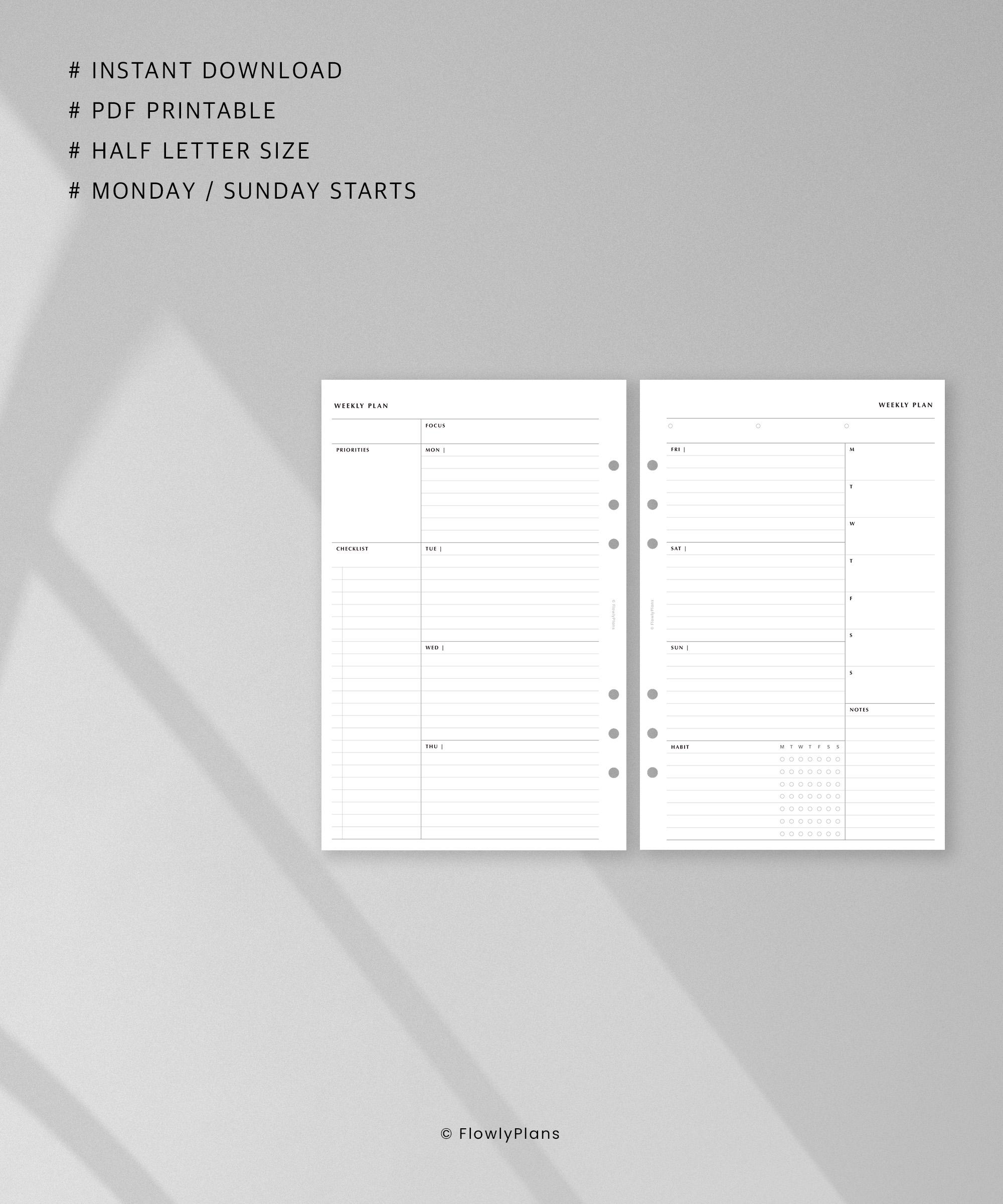 Weekly Planner Half Letter Inserts Printable | Undated WO2 Weekly ...