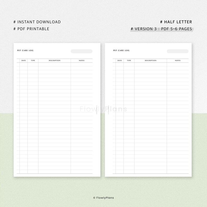 Half Letter Pet Care Log Printable Insert Vet Visit Grooming Training Tracker Dog Cat Planner PDF
