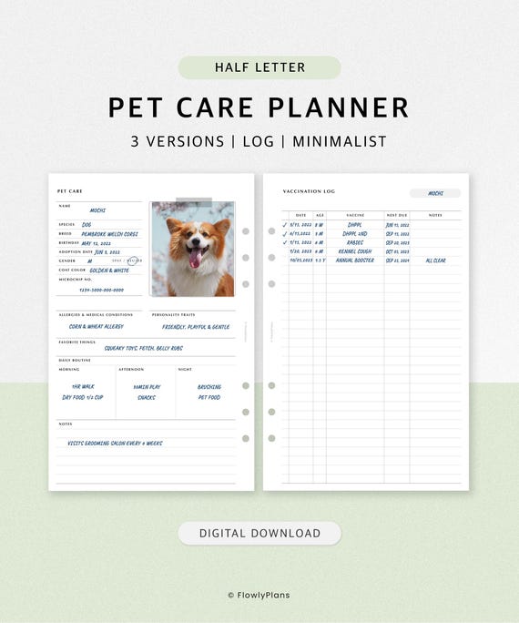 Pet Care Planner Printable | Half Letter Insert | Dog Cat Planner, Vaccination Log, Medication Tracker, Pet Care Log | Instant Download PDF