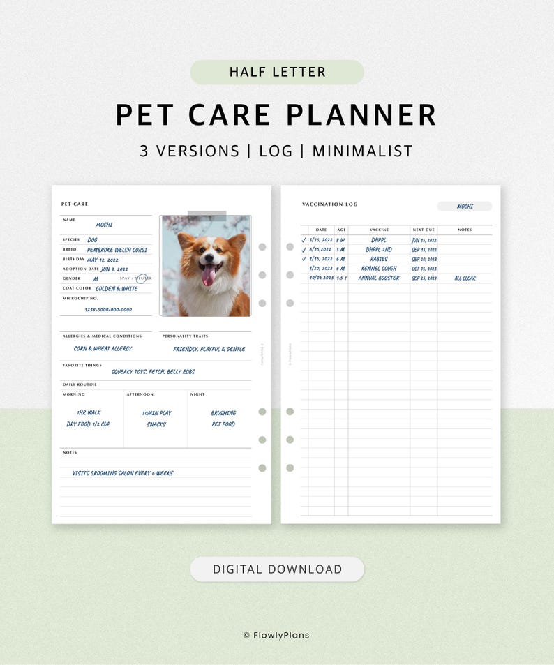Pet Care Planner Printable Half Letter Planner Insert Dog Planner Cat Planner Vaccination Log Instant Download PDF
