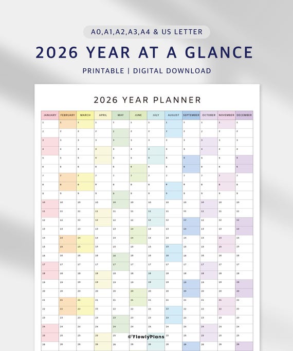 2026 Wall Calendar Yearly Planner Printable | Year at a Glance Poster overview | Minimalist 2026 Planner PDF | A0 A1 A2 A3 A4 Letter
