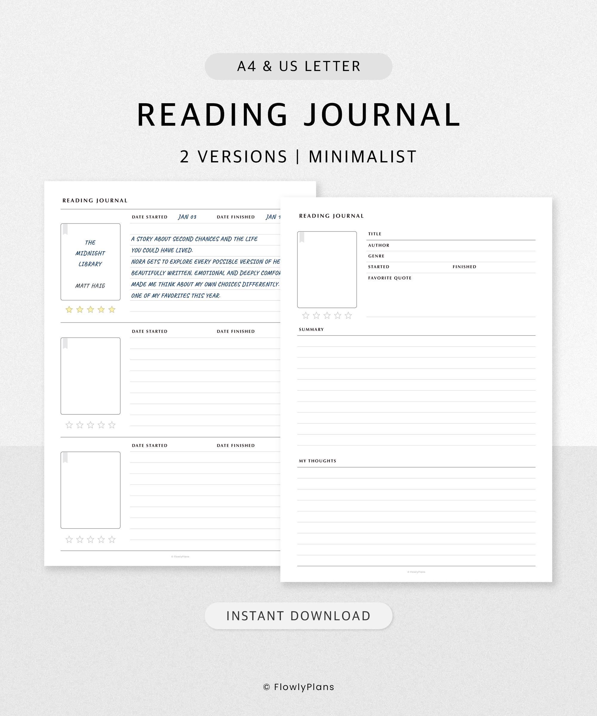 Reading Journal Printable | A4 & US Letter Planner Insert | Book Review ...