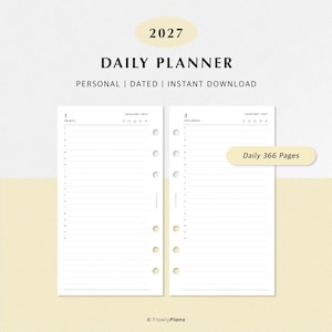 May include: A 2027 daily planner page layout featuring two white sheets with black text, including the date January 2027, hourly lines from 6 to 11, and icons for weather. The text reads 2027 DAILY PLANNER PERSONAL DATED INSTANT DOWNLOAD Daily 366 Pages.