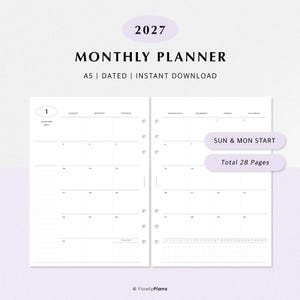 2027 Monatsplaner Printable | A5 Planer Einlagen | Datiert Monatskalender, Habit Tracker, Dot Notes | Minimalistisch | Sofort Download PDF