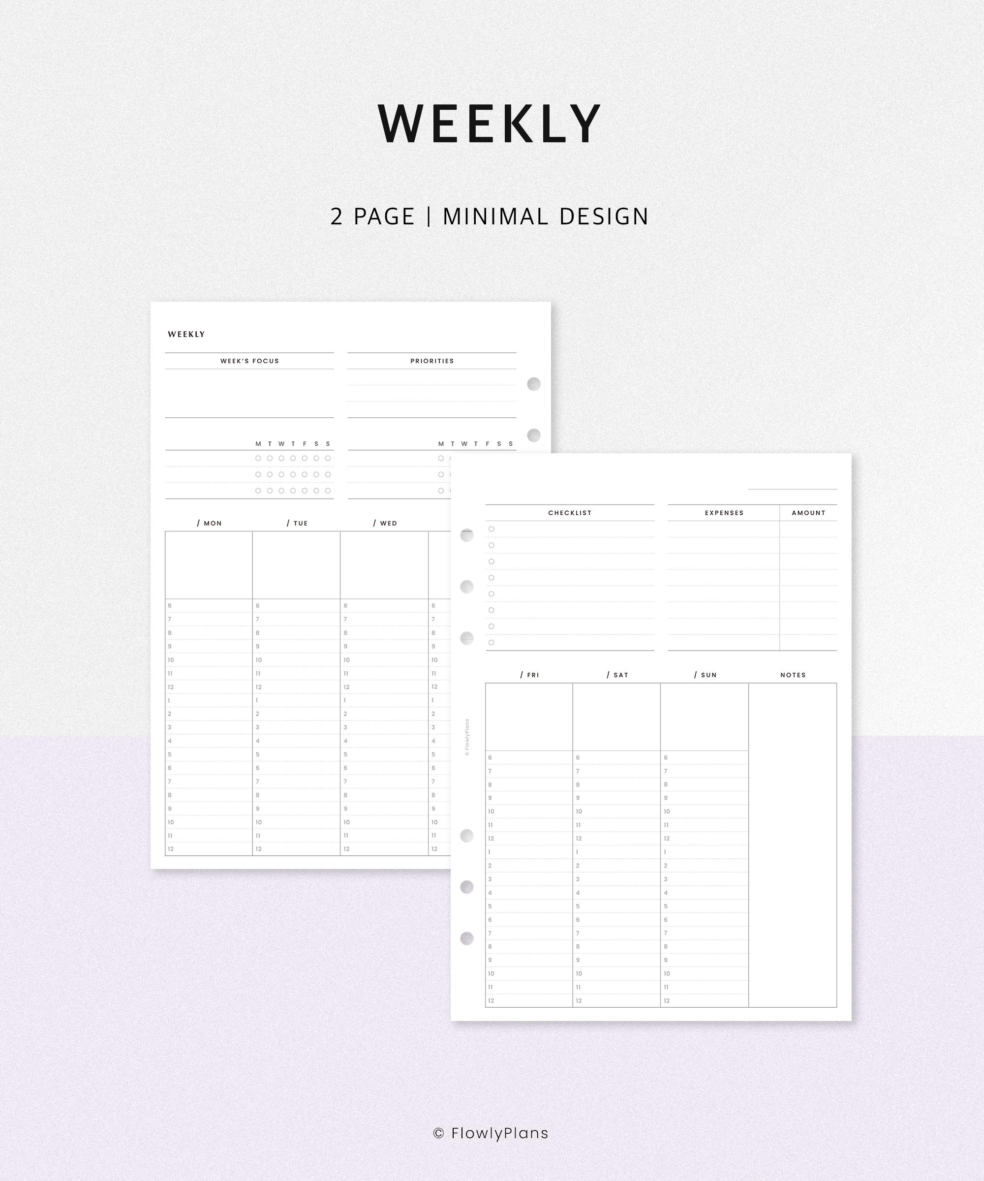 Week at a Glance Weekly Planner Printable | A5 Inserts | WO2P Hourly ...