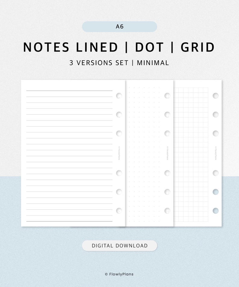 𝑨6 𝑵𝒐𝒕𝒆 𝑷𝒂𝒈𝒆 𝑺𝒆𝒕 
· Lined Note Page – Classic ruled layout for writing and daily notes
· Dot Grid Note Page – Perfect for bullet journaling, sketching, and flexible layouts
· Grid Note Page – Ideal for structured notes, charts, graphs, and planning sections
Simple bullet journal Template!