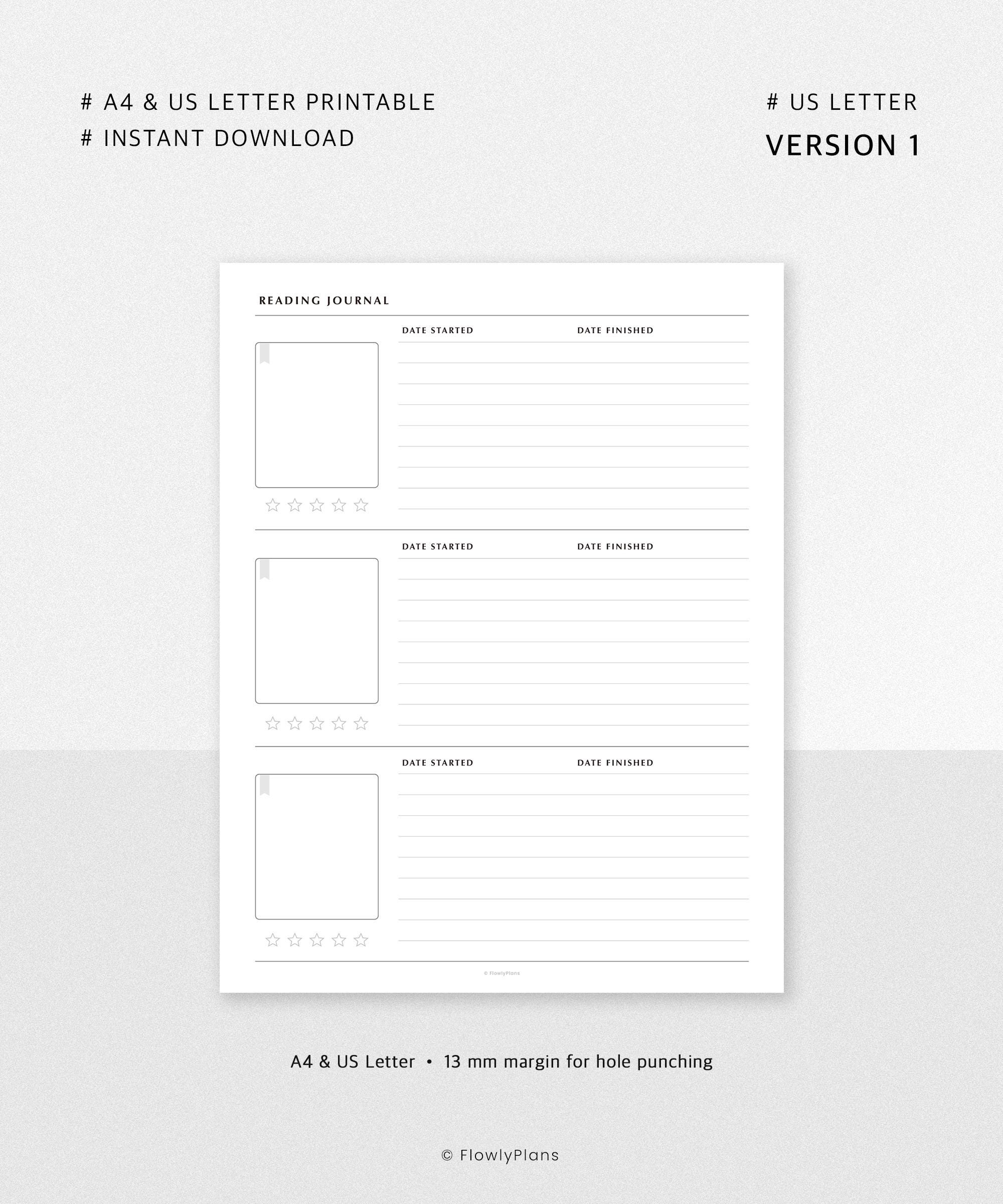 Reading Journal Printable | A4 & US Letter Planner Insert | Book Review ...