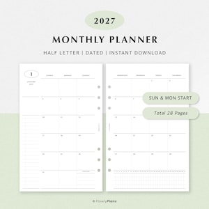 2027 Monthly Planner Printable | Half Letter Inserts | Dated Monthly Calendar, Habit Tracker, Dot Notes | Minimalist | Instant Download