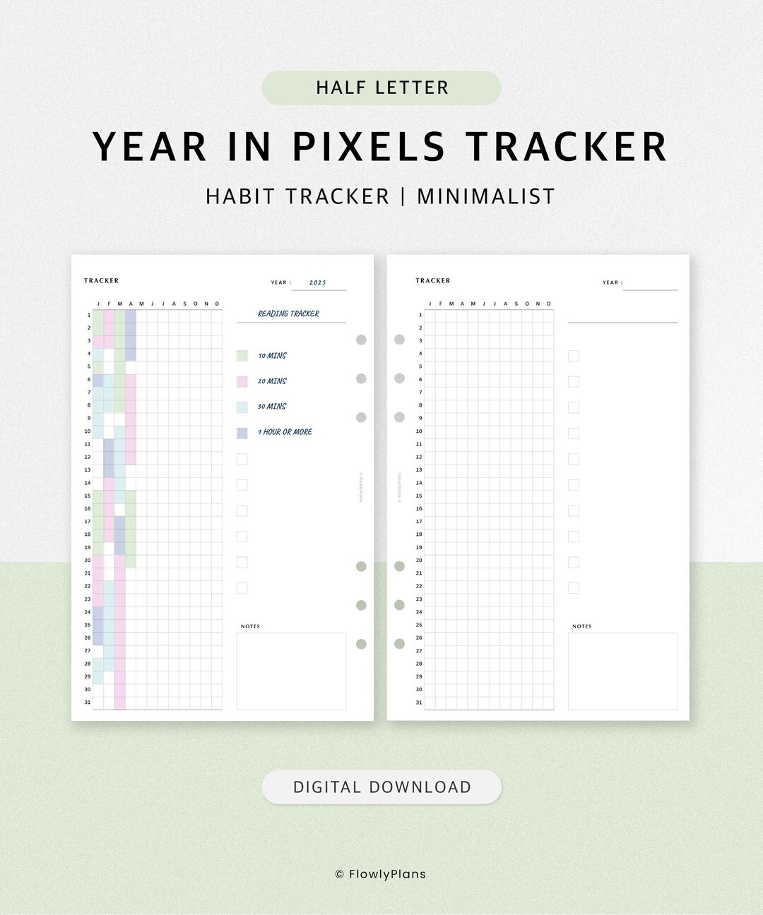 Habit Tracker Printable | Half Letter Planner Insert | Year in Pixels ...